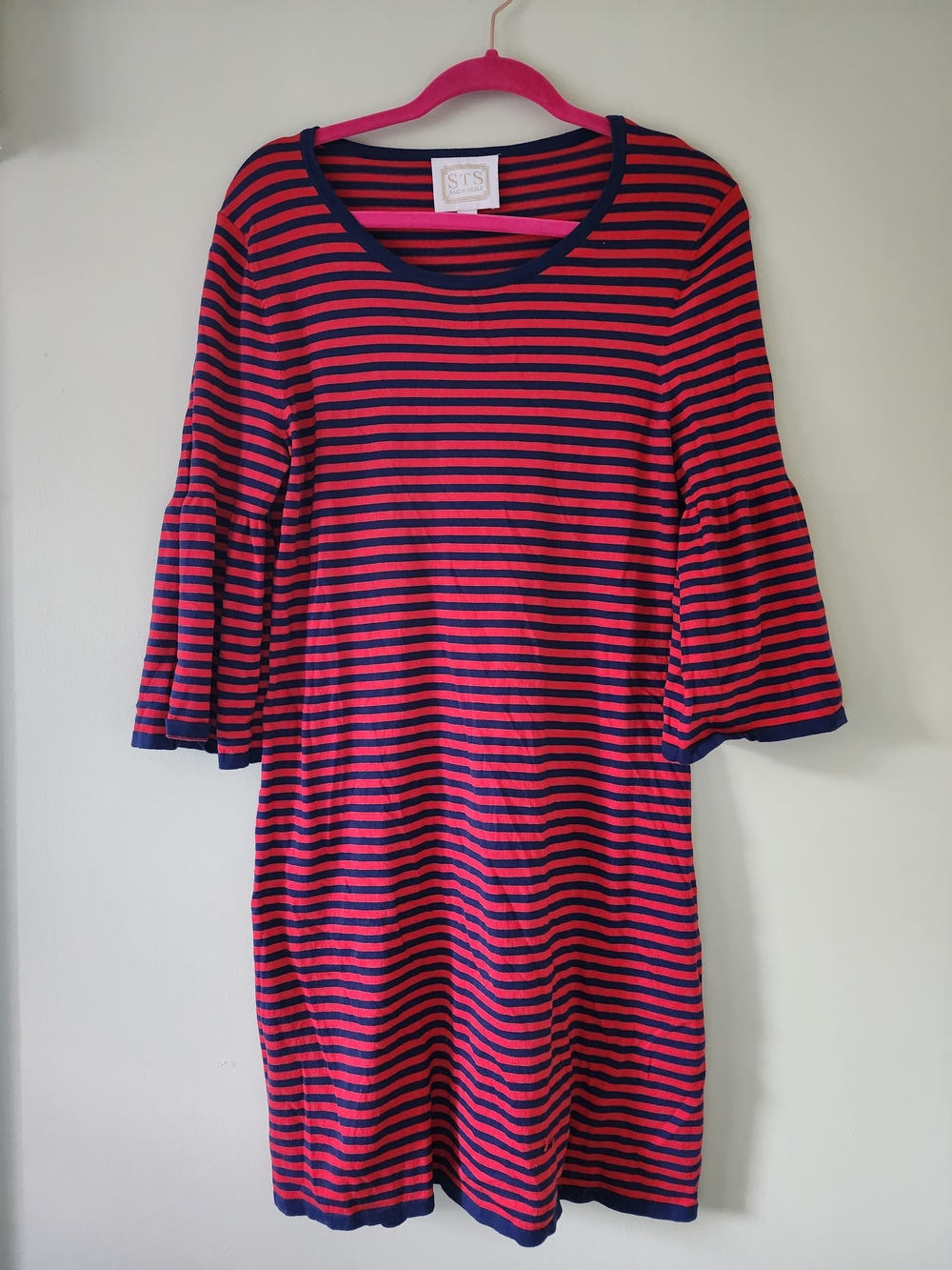 Sail to Sable Red and Navy Striped Bell Sleeve Tee Dress